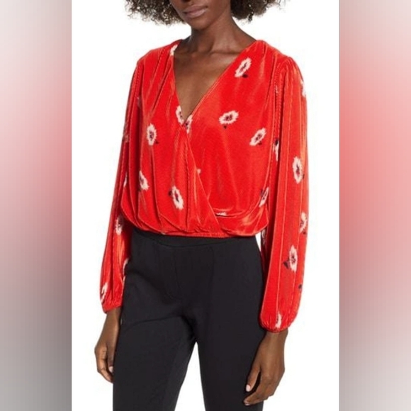 Astr Tops - Astr Red Floral Velvet Surplice Blouse